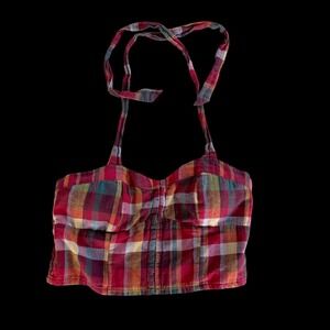American Eagle Plaid Halter Crop Top Red‎ Multi Smocked Back Cotton Linen Medium